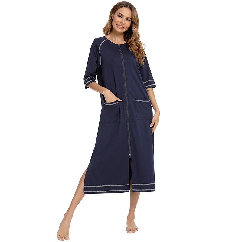 Pijamas holgados de una pieza de talla grande para mujeres embarazadas, pijamas de manga media con cremallera, vestido cómodo de maternidad para amamantar, bata, ropa de casa - imagen 4