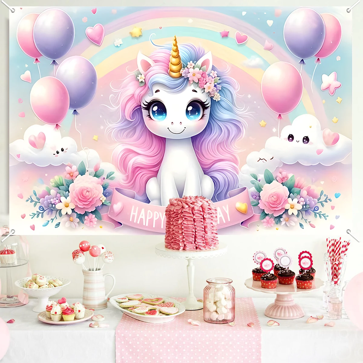 Telón de fondo de unicornio de arco iris, decoraciones de fiesta de feliz primer cumpleaños, decoración para niños y niñas, regalo, unicornio, tela de fondo de fotografía - imagen 3