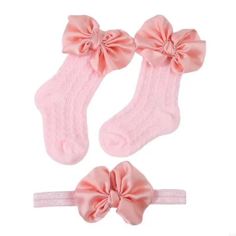 D7YD Diadema/calcetines para bebé Calcetines lisos longitud media para niña con adorno lazo - imagen 3