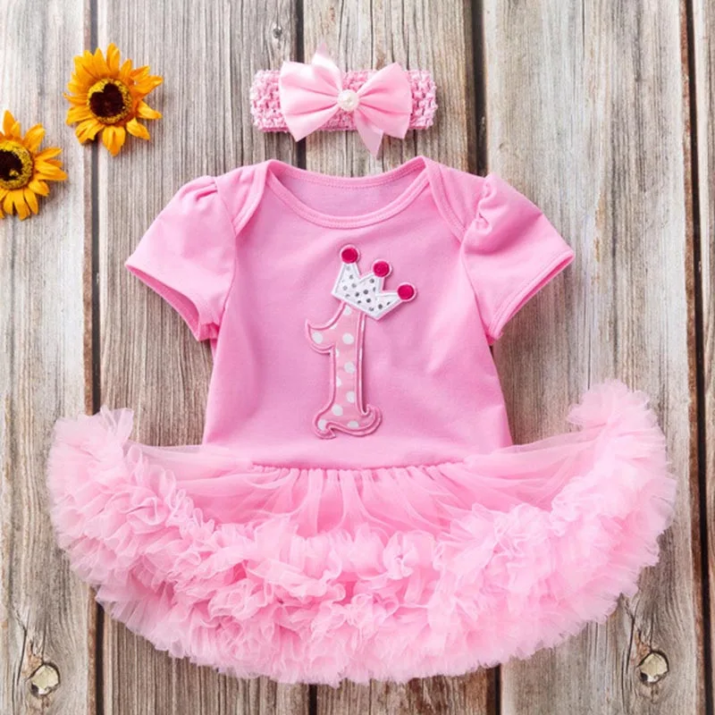 Vestido de princesa de 1er cumpleaños para niñas, conjunto de mameluco de retazos de tul de manga corta con diadema con lazo, conjunto de verano de 2 uds. - imagen 2