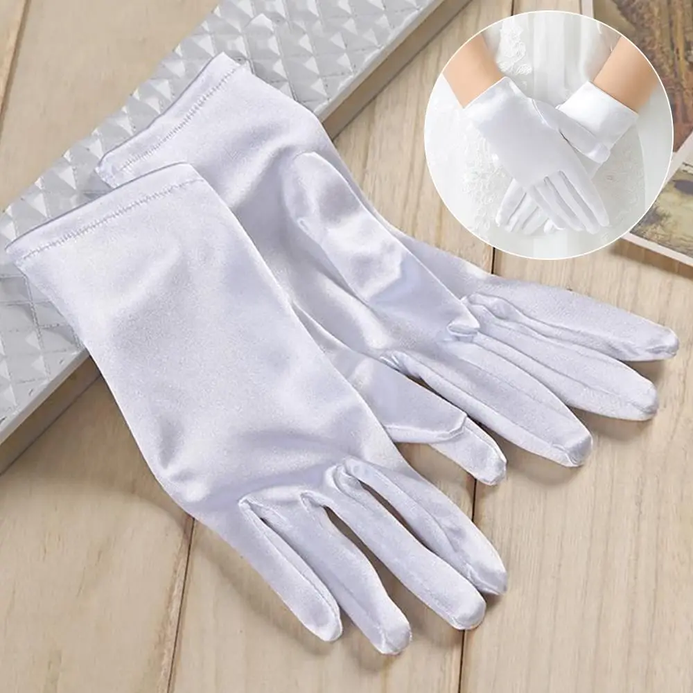 Guantes de boda blancos elegantes, guantes cortos de encaje satinado brillante, guantes elásticos para baile, fiesta de cumpleaños - imagen 2