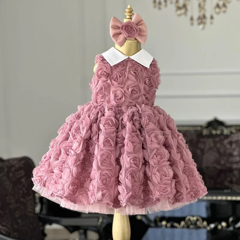 Vestido tutú con detalle de rosa para niñas pequeñas, vestido de princesa europea sin mangas para ocasiones especiales Vestido de Pascua de longitud media