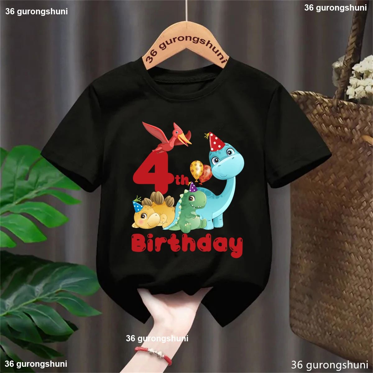 Camiseta negra con estampado de globos de dinosaurio de 2 °/3er/4 cumpleaños, camiseta divertida Kawaii para niñas y niños, ropa para niños, camiseta sólida - imagen 3