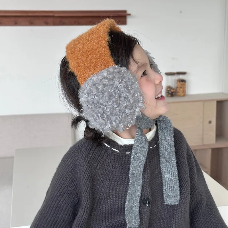 2025 nuevos orejeras coreanas para niños, calentadores de orejas de felpa con lazo en la espalda, cubiertas de orejas tejidas con bloques de Color para niñas, diadema de lana cálida - imagen 2