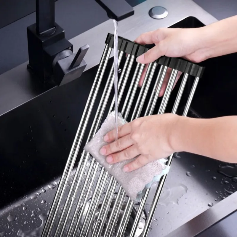 Tablero de filtro multifunción mejorado con marco de acero inoxidable, estante plegable para fregadero escurridor de platos para herramientas de organización de cocina - imagen 5