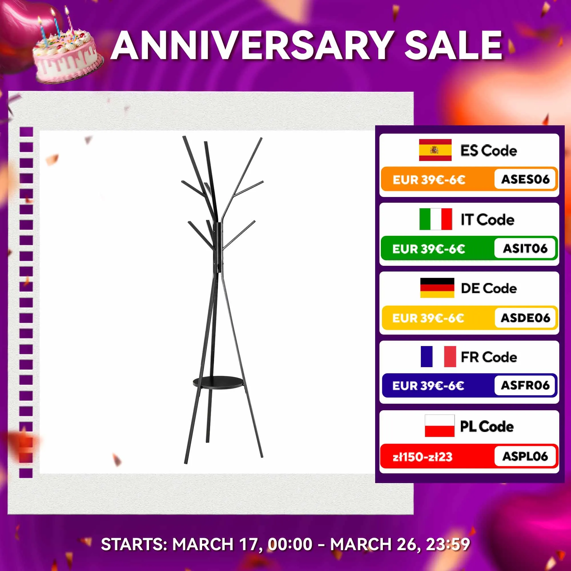 Perchero de Pie Metálico para Colgar Ropa Bolsas 9 Ganchos con Estante Forma de Árbol Perchero Vintage 45x45x180cm