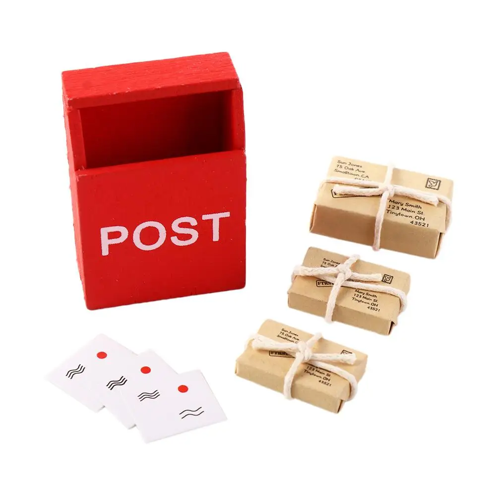 Caja de letras en miniatura para casa de muñecas, buzón de correo rojo con saco de correo, postal, gnomo, muebles de puerta de jardín de hadas, modelo de Decoración de casa, 1 Juego - imagen 3