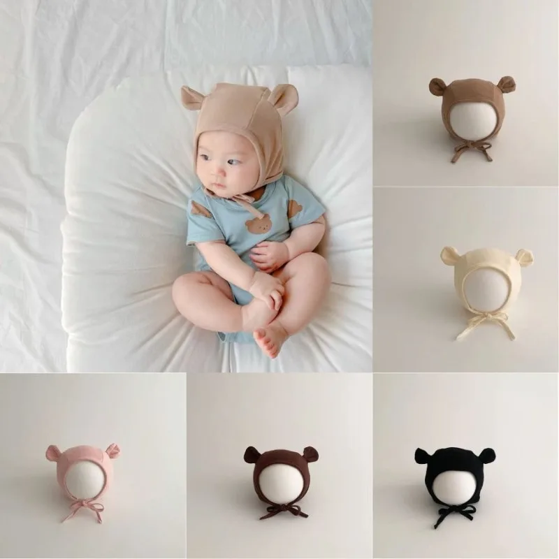Gorro de fotografía de oso de dibujos animados para recién nacido, gorro con orejas de oso de Animal bonito, gorro para bebé, accesorios de fotografía de algodón suave para niños pequeños, 1 unidad