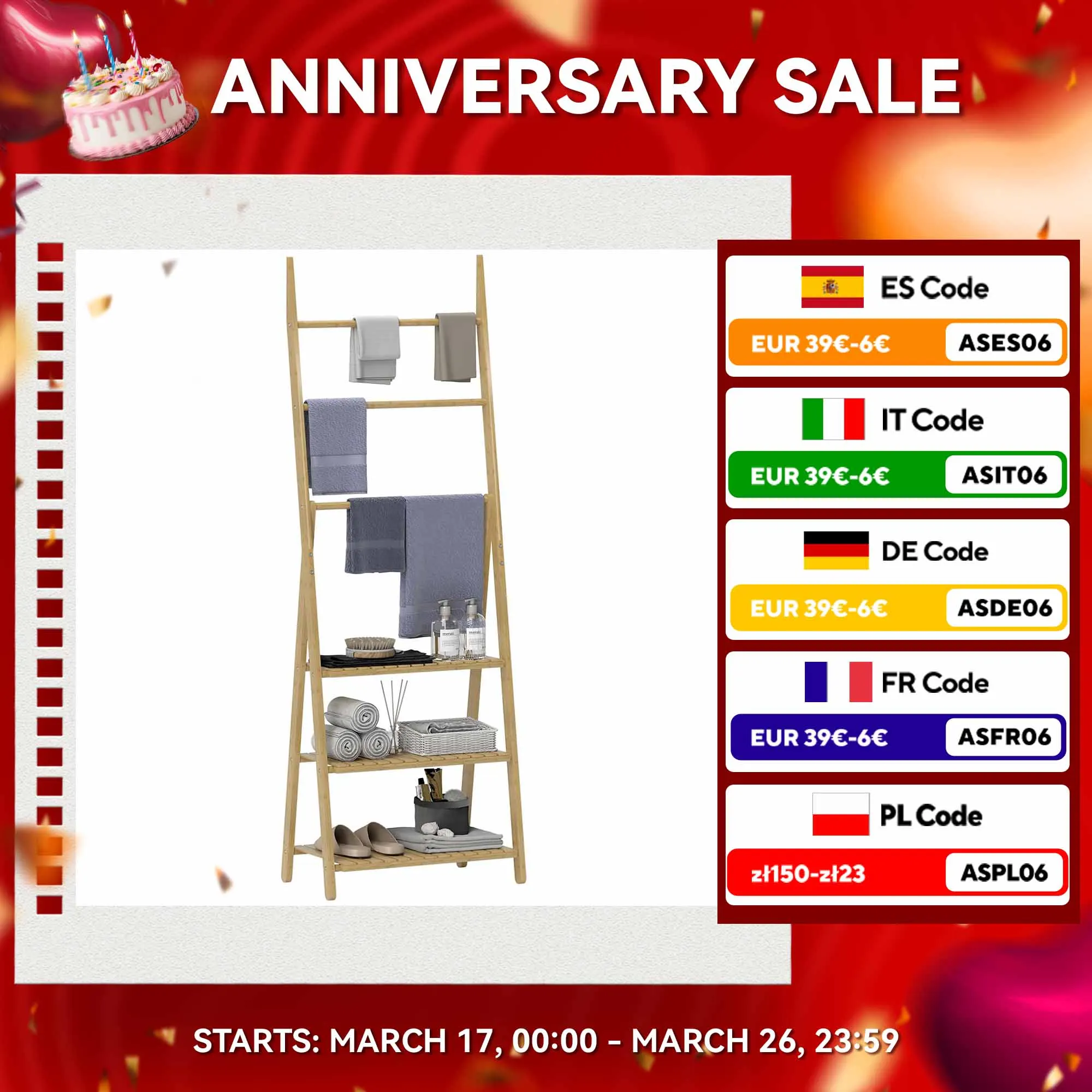 HOMCOM Estantería de Baño de Bambú con 3 Estantes Estantería de Almacenaje Plegable con Barras Estantería de Madera en Forma de A 53,5x30x53 cm Natural