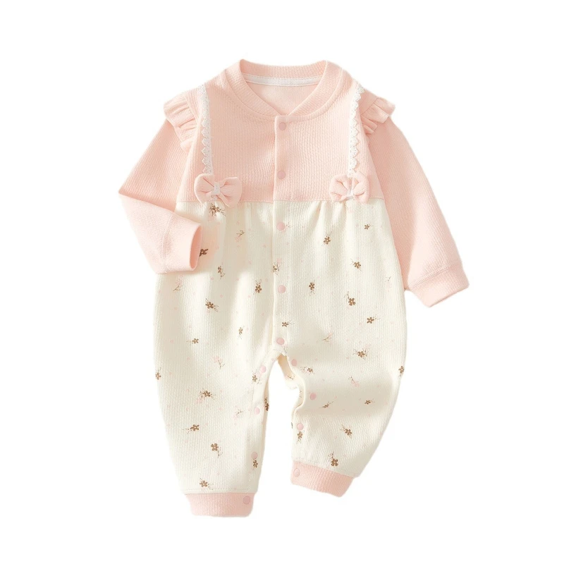 Mameluco de algodón para bebé neutro de género para primavera y otoño con encaje y lazo exquisito Lindo mono con estampado floral para salir de Navidad - imagen 2