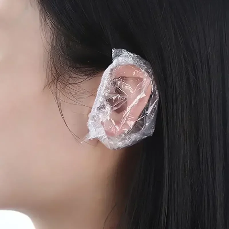 Orejera transparente para tinte desechable, 100 Uds., ducha elástica para el cabello, herramienta de protección para tinte para el cabello, protector impermeable, envoltura de plástico - imagen 5