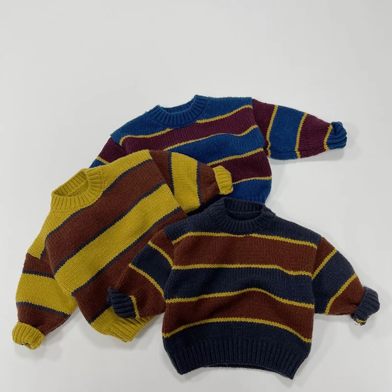 Suéter de punto para bebés, ropa para niños y niñas, prendas de punto a rayas sueltas, Tops de manga larga de algodón para bebés, otoño