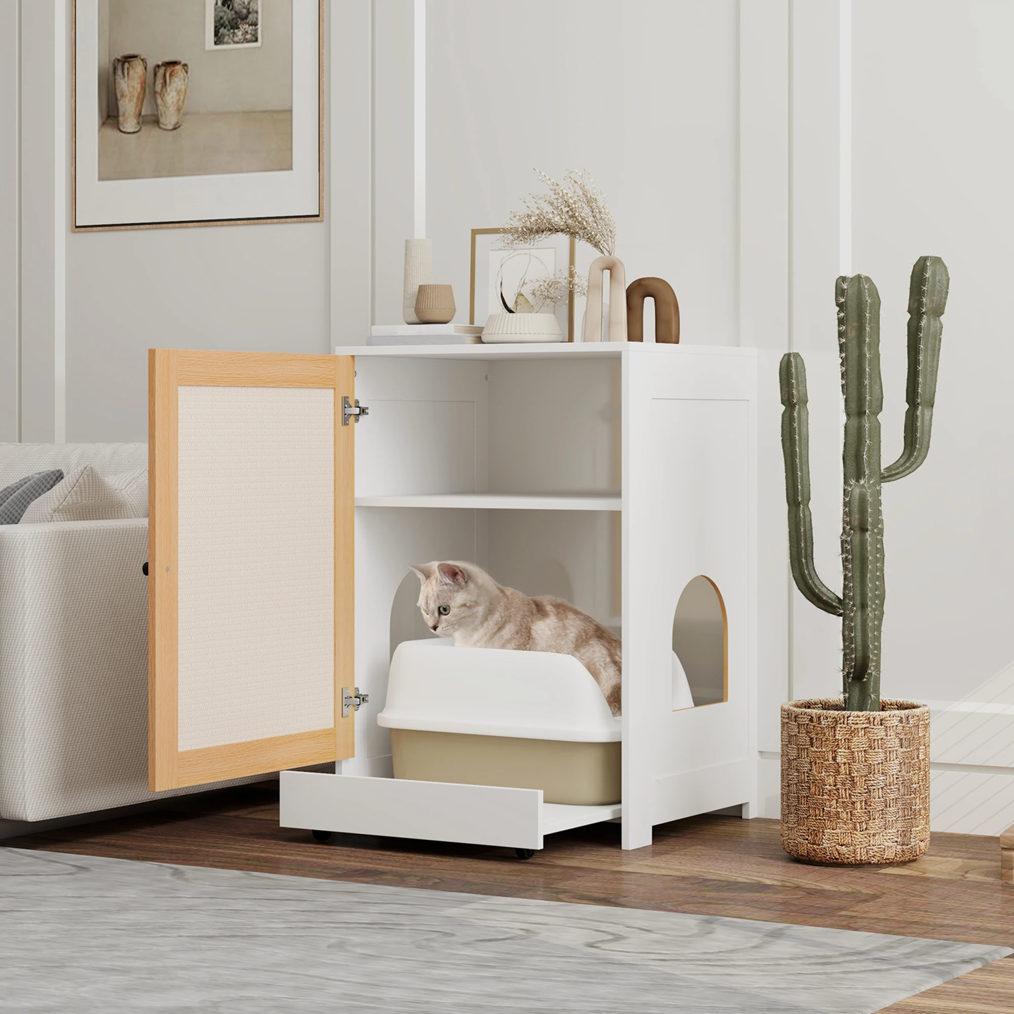 PawHut Arenero para Gatos Mueble Arenero para Gatos con Bandeja Extraíble Compartimentos Ruedas y Tapete para Rascar Caja de Arena para Gatos para Interior 57x50x80,5 cm Blanco y Roble - imagen 2