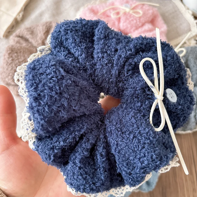 Nuevos coleteros grandes de felpa para otoño/invierno, adornos de encaje de Color sólido, accesorios para el cabello elegantes y dulces para niñas, suaves y no dañados - imagen 2