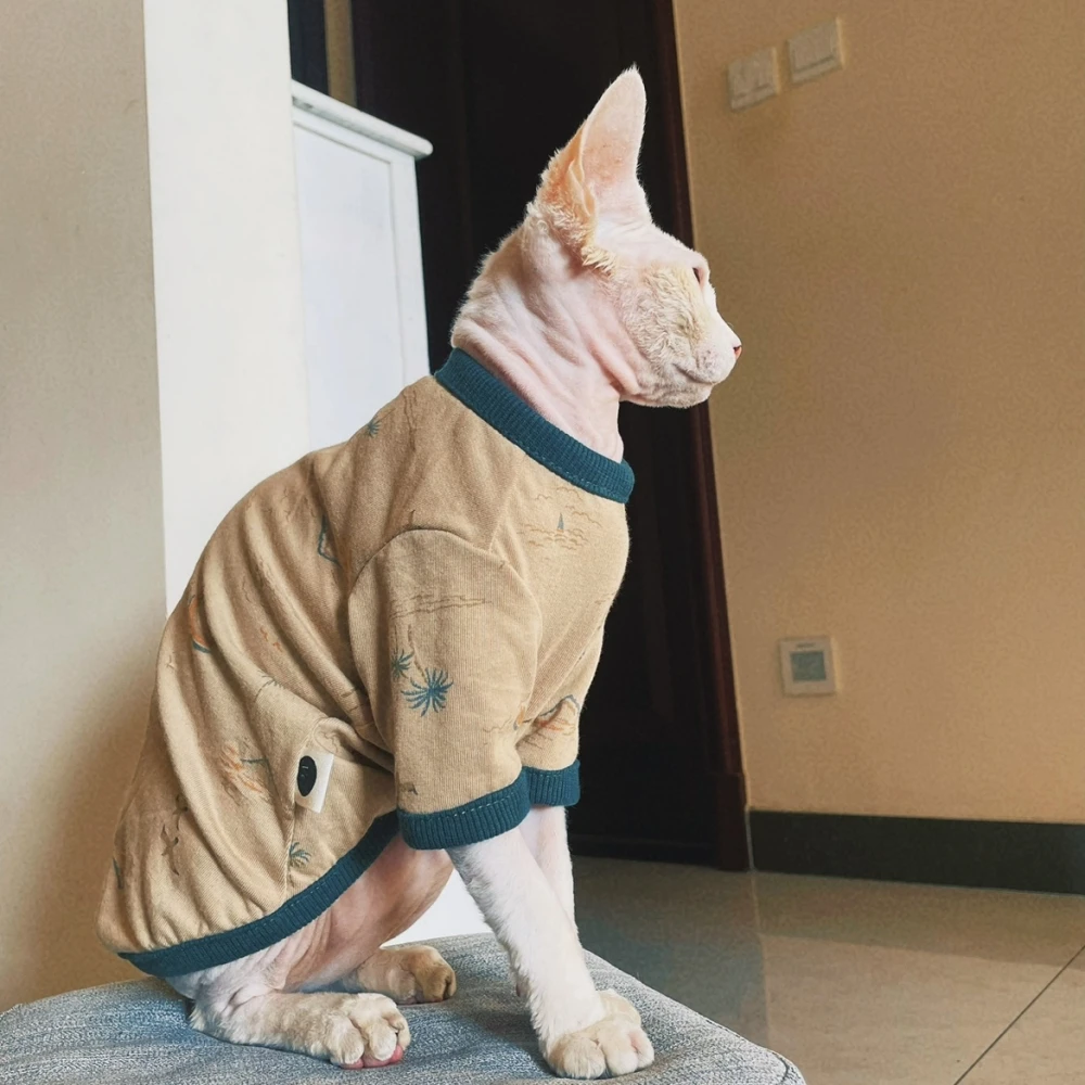 Ropa de gatos Camisa de dibujos animados de algodón de primavera para Sphynx Abrigo de manga larga para gatitos Sudadera caqui de moda de verano para Devon Rex - imagen 4