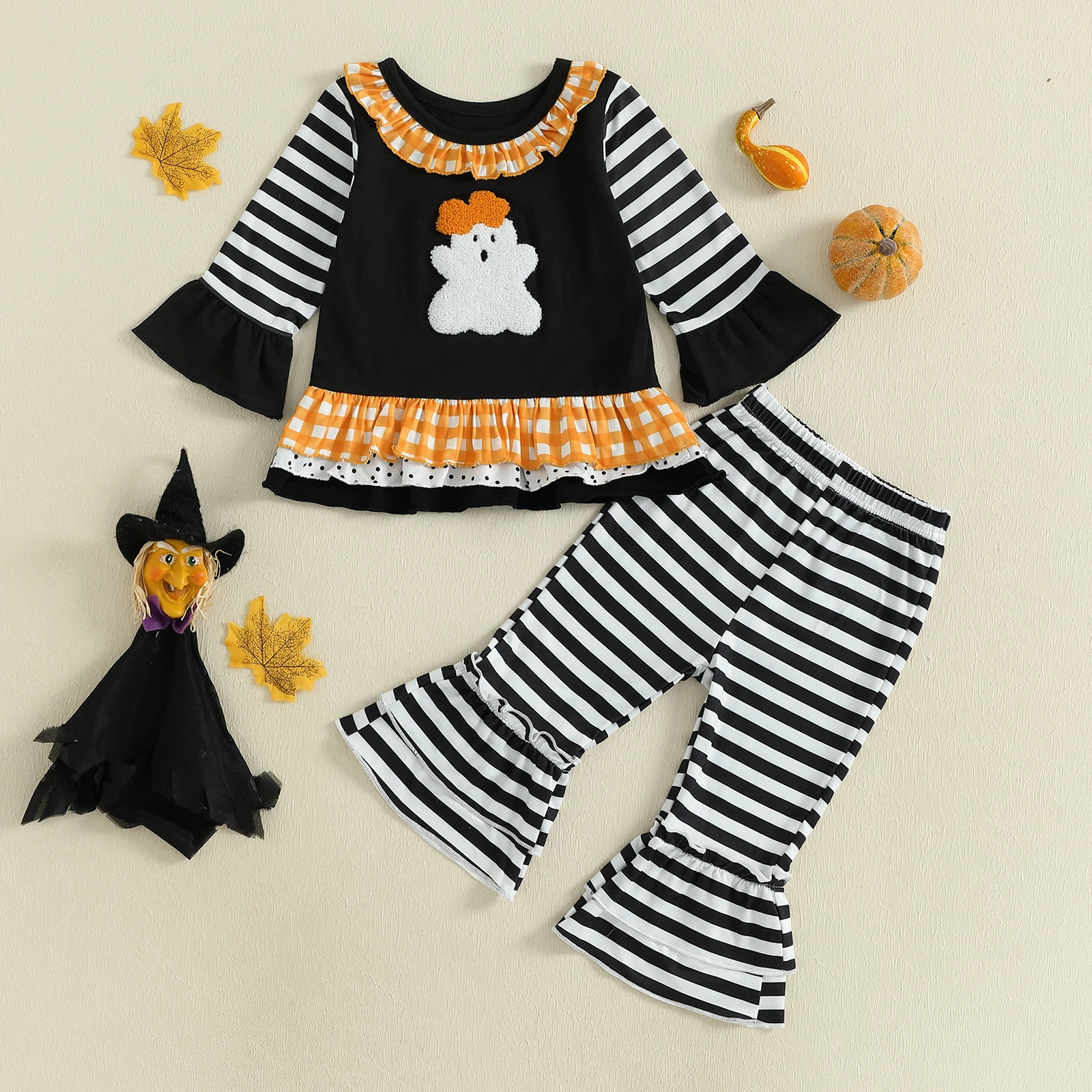 Conjuntos de Halloween para niña de 0 a 3 años, Tops de manga larga con volantes y pantalones acampanados a rayas, conjunto de ropa de otoño para niños pequeños