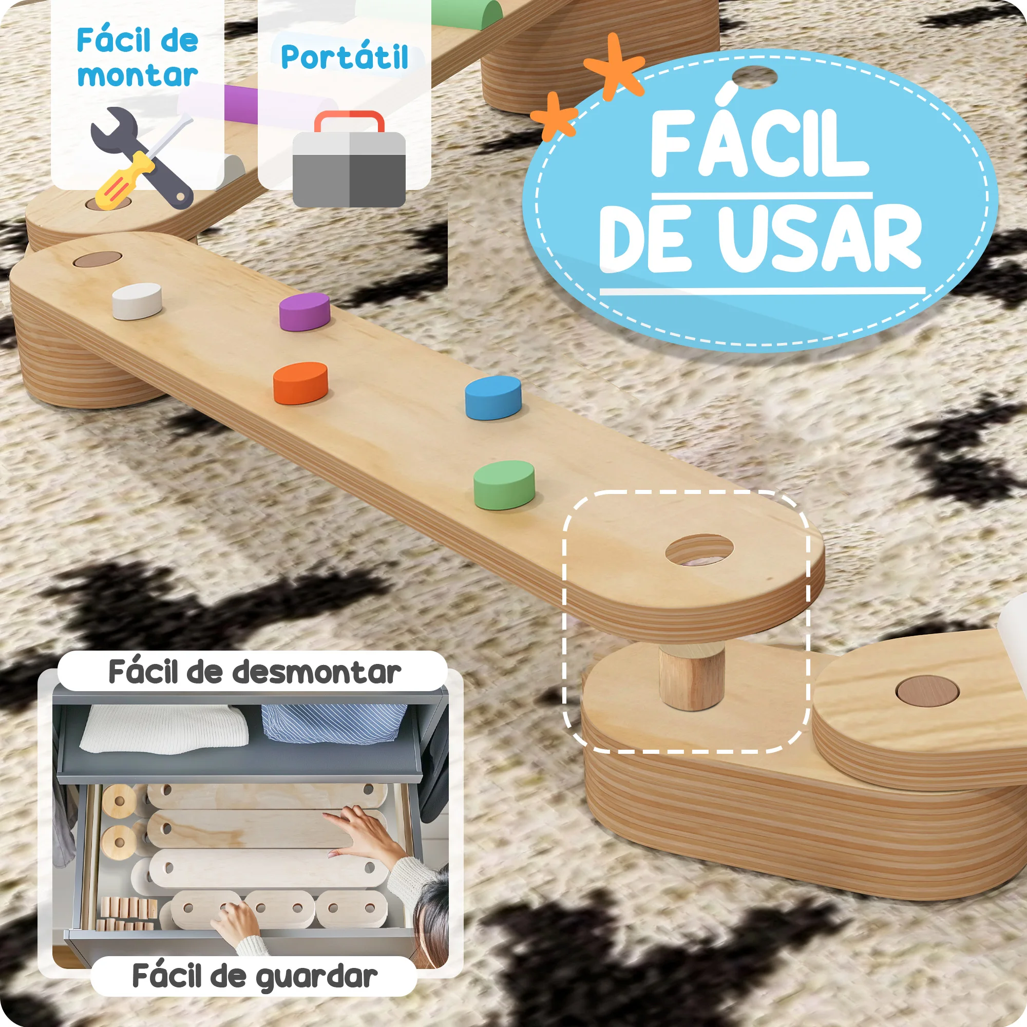 AIYAPLAY Juego de Viga de Equilibrio de Madera para Niños de +3 Años Barra de Equilibrio Infantil para Entrenamiento de Equilibrio en Interiores y Exteriores Multicolor - imagen 5