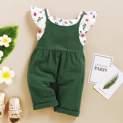 Conjunto de ropa de 2 piezas para niños y niñas, Top corto con estampado Floral de hoja de loto y pantalón de tirantes, trajes de moda de verano para niños de 1 a 5 años