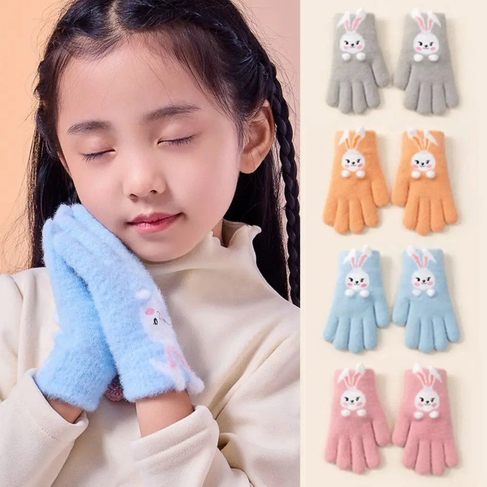 Lindos guantes de cinco dedos de alta elasticidad para niños, guantes gruesos de dibujos animados a prueba de frío para niños, manoplas tejidas de conejo a prueba de viento para exteriores - imagen 2