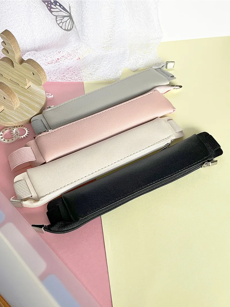 Bolsa de lápices de cuero con correa elástica para cuaderno, estuche de bolígrafo con cremallera, bolsillo, papelería portátil, bolsa de almacenamiento de lápices, suministros escolares de oficina