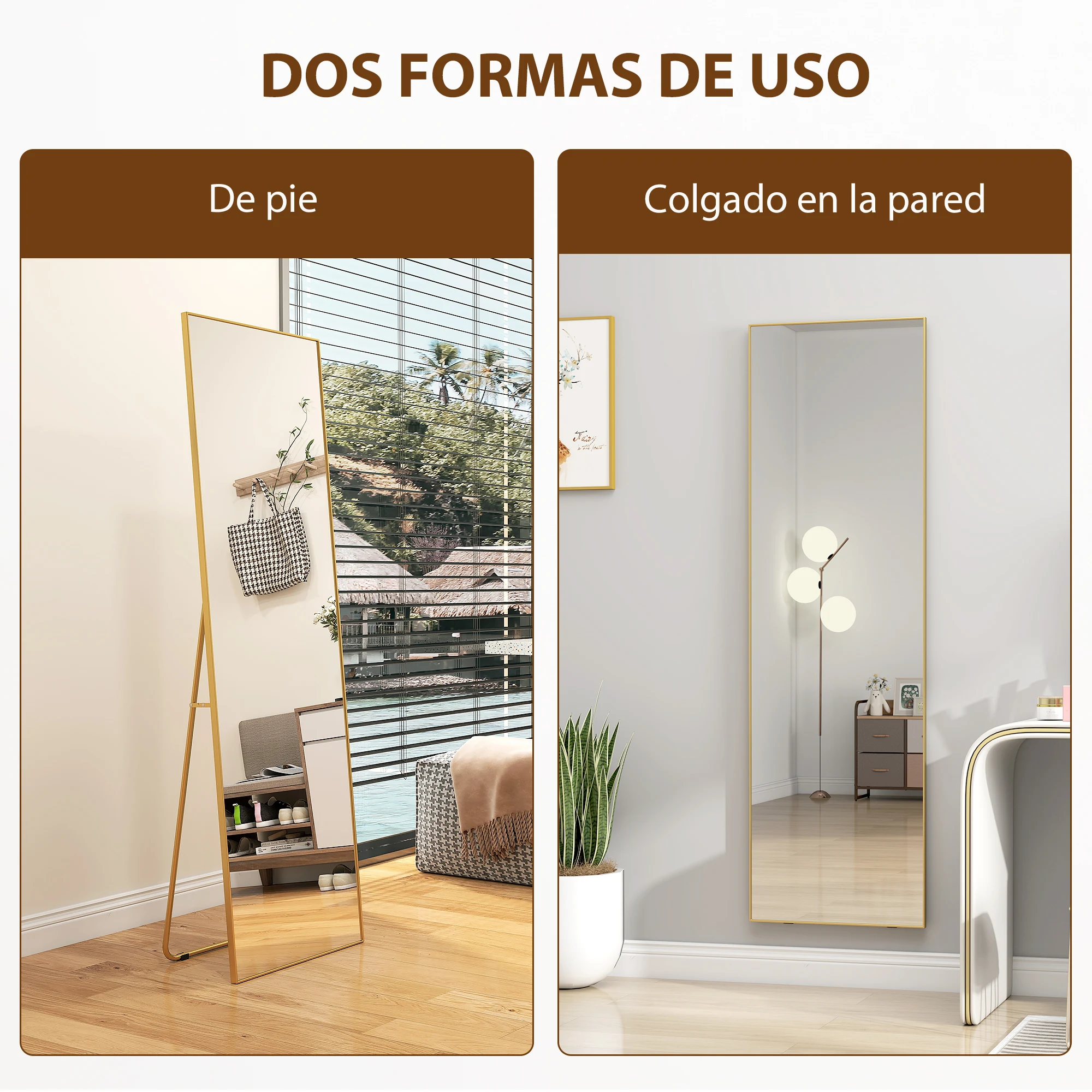 HOMCOM Espejo de Pie Cuerpo Entero con Marco de Aleación de Aluminio Espejo de Pared Rectangular con 2 Formas de Uso para Pasillo Dormitorio Salón 50x161,5x2 cm Dorado - imagen 5
