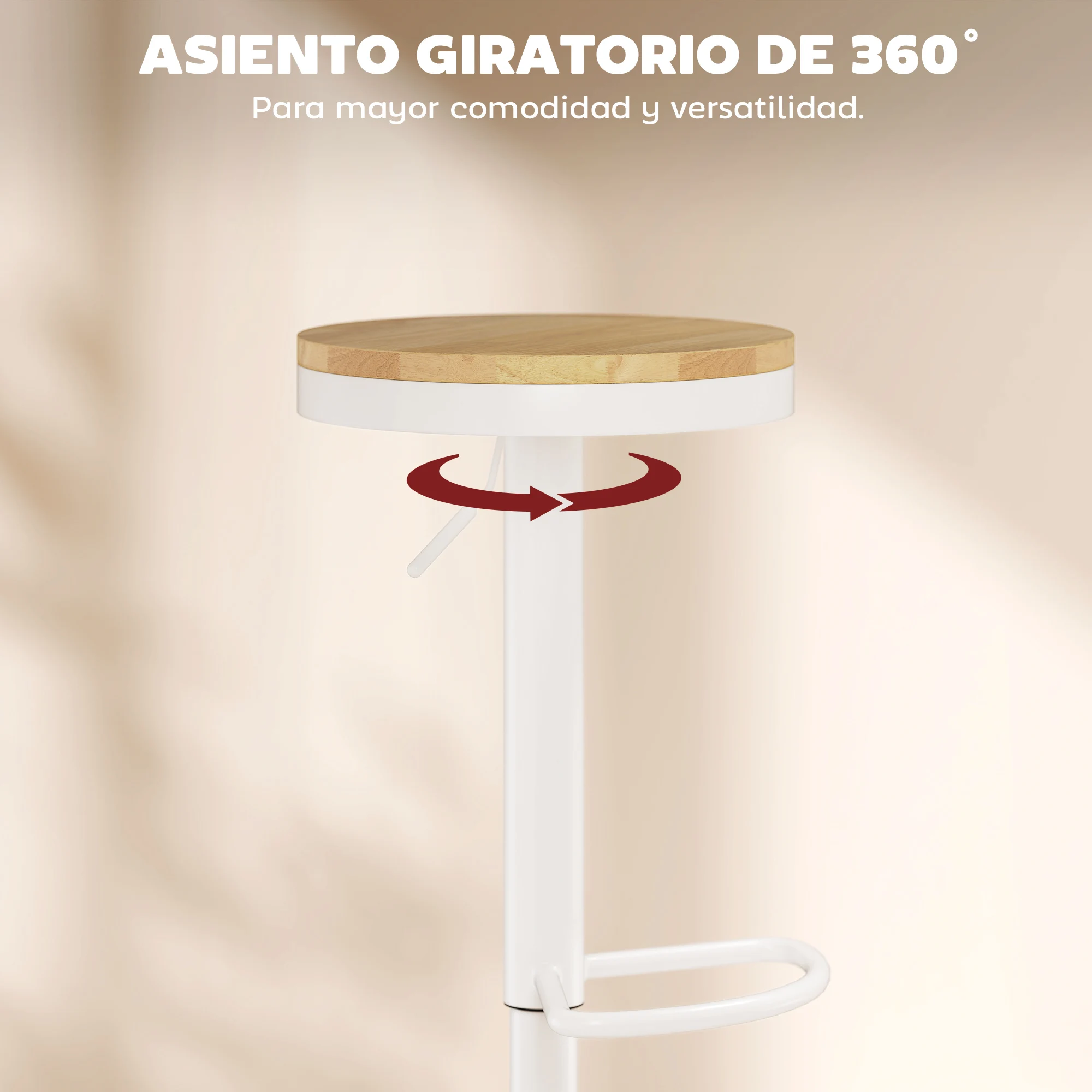 HOMCOM Juego de 2 Taburetes de Bar Giratorios Taburetes Altos de Cocina con Altura Ajustable 60-80 cm Asiento de Madera Marco de Acero y Reposapiés para Comedor Mostrador Natural y Blanco - imagen 5