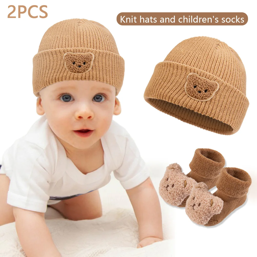 Gorros de punto liso y calcetines cortos gruesos de dibujos animados de oso, gorros de turbante para otoño e invierno, medias de 0 a 12M, 2 uds. - imagen 4