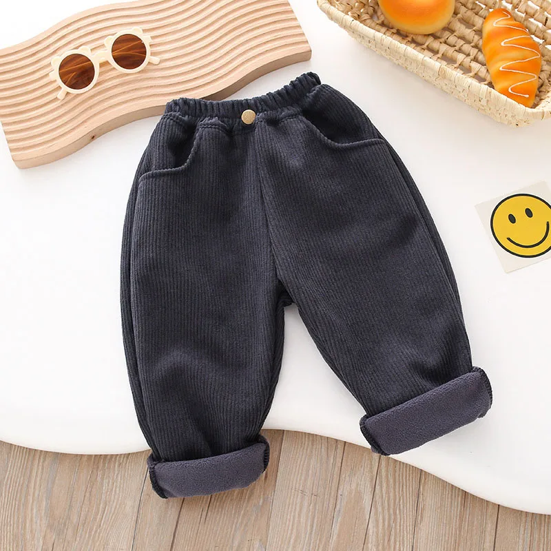 Pantalones informales de pana para niños, pantalones acolchados de lana con parches de Color sólido para invierno de 2 a 7T, pantalones cálidos y gruesos para niños - imagen 4