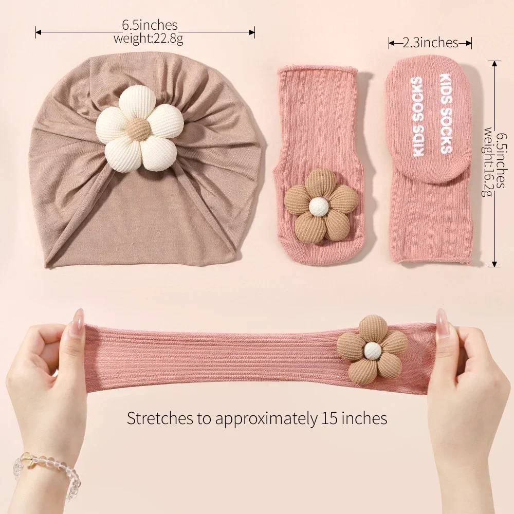 Ensemble de chaussettes de sauna à fleurs pour bébé fille, bandeau épais et doux pour nouveau-né, turban floral élastique, chaussettes courtes, vêtements de sauna pour bébé, 2 pièces - imagen 5