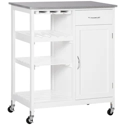 HOMCOM Carro de Cocina con Ruedas Carrito de Servicio con 1 Cajón Estantes Extraíbles Botellero para 4 Botellas y Armario para Comedor Salón Carga 40 kg 76x48x88 cm Blanco
