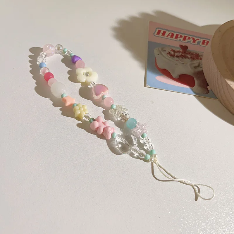 Cordón de teléfono de oso y flor 3D bonito de Corea para iPhone 15, correa Samsung, colgante de cadena para niña, joyería de cuerda de caramelo, llavero colgante - imagen 4