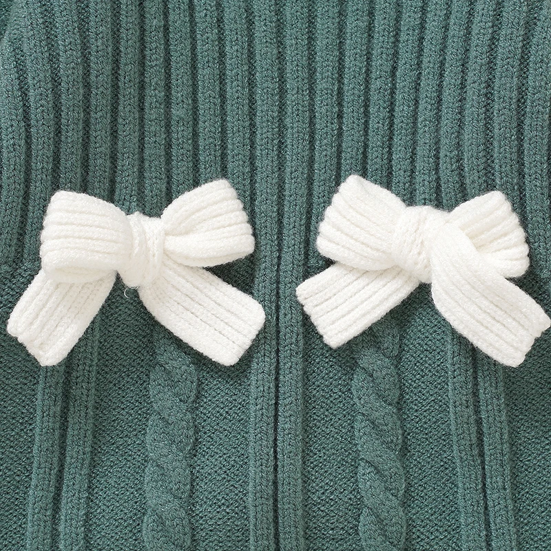 Peleles verdes para niñas, monos de una pieza de manga larga tejidos con lazo a la moda para recién nacidos, monos para niños pequeños para primavera, Otoño e Invierno - imagen 4