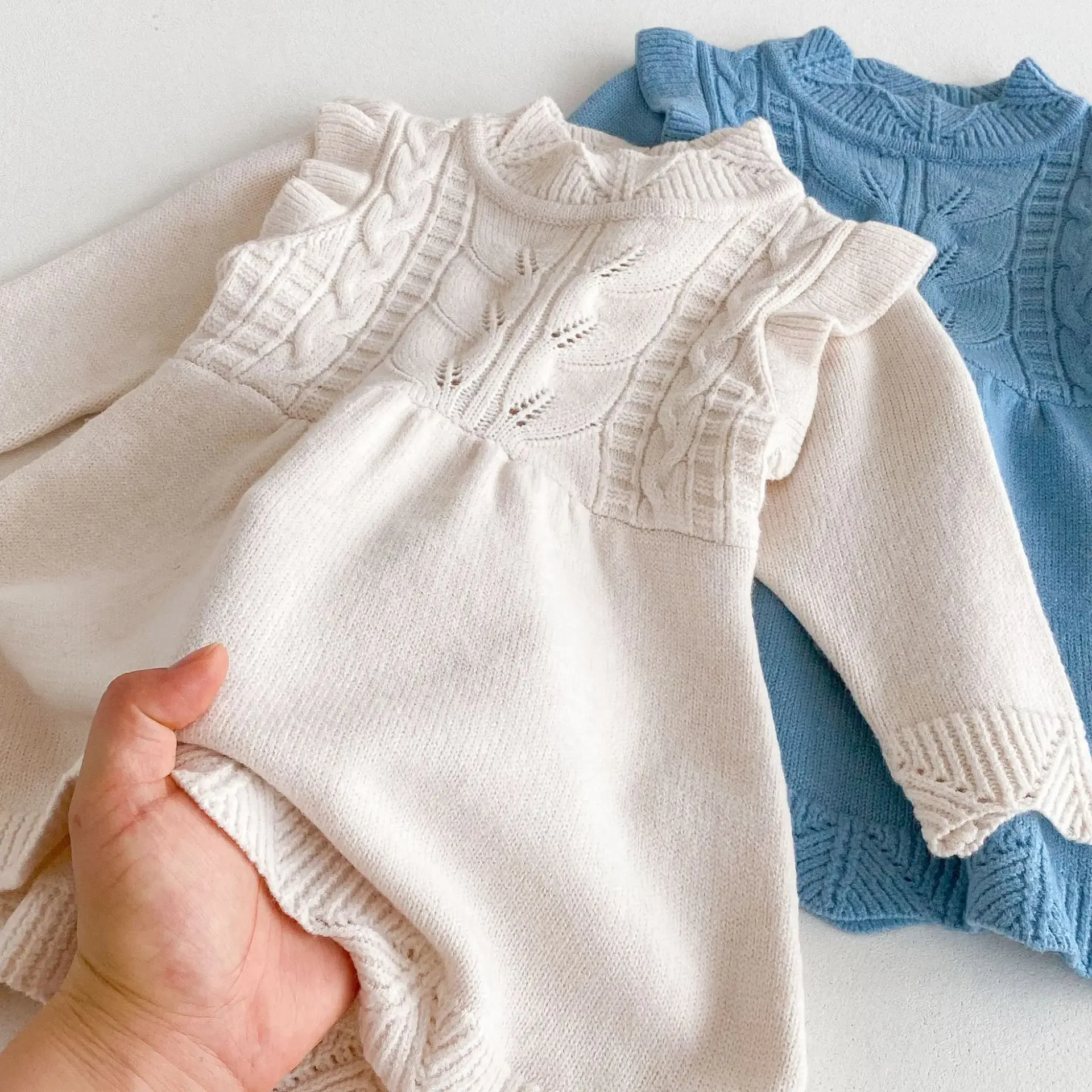 Ropa de otoño para niñas de 0 a 3 años, vestido de punto de línea A, vestido suéter de manga larga con cuello redondo, traje de punto para niños pequeños - imagen 3