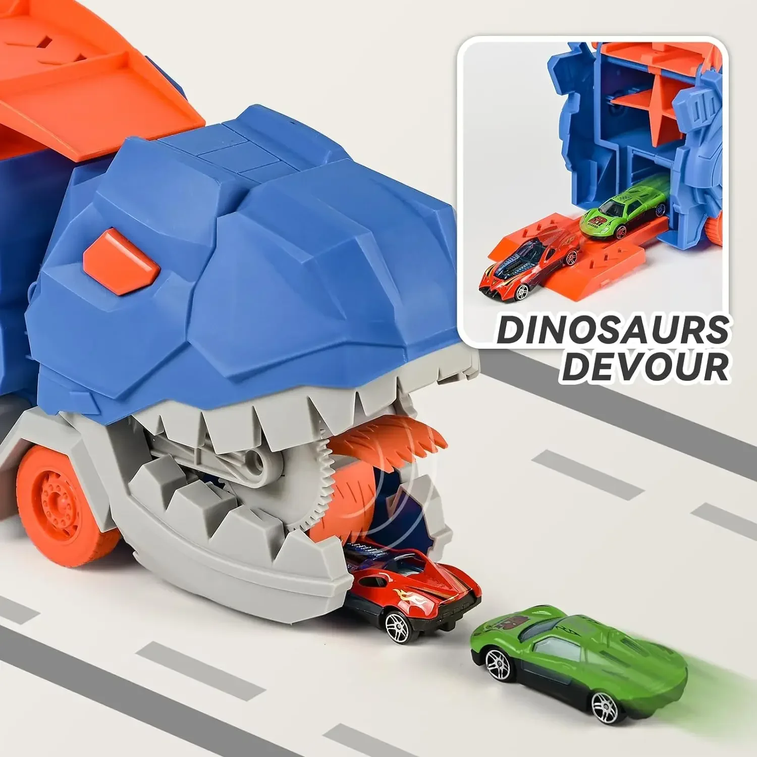 Camión de dinosaurios de transporte con pista de carreras deslizante plegable, se transforma en T-rex de pie, los mejores regalos de cumpleaños, juguetes para niños y niñas - imagen 5