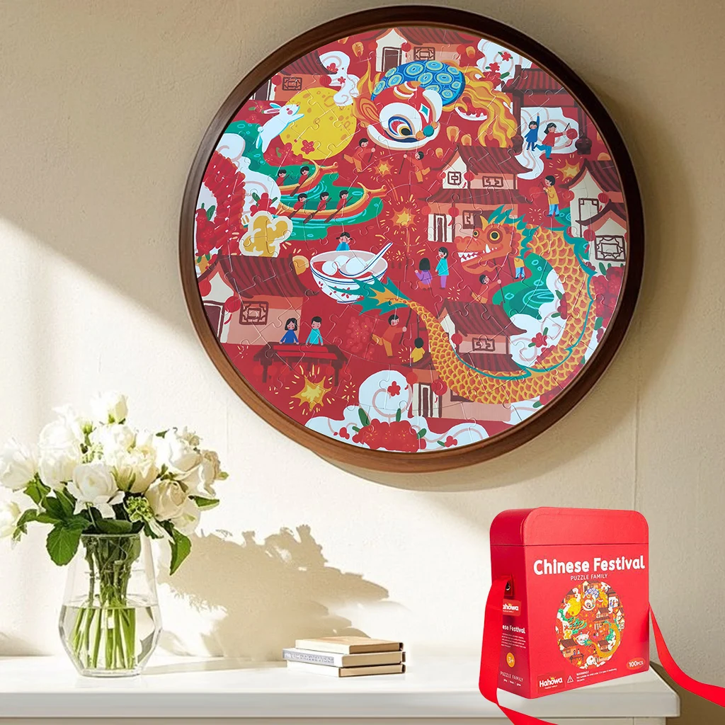 Rompecabezas de dibujos animados de dragón del zodiaco chino para niños, 100 piezas, juguetes educativos de León de Color redondo, regalo para niños