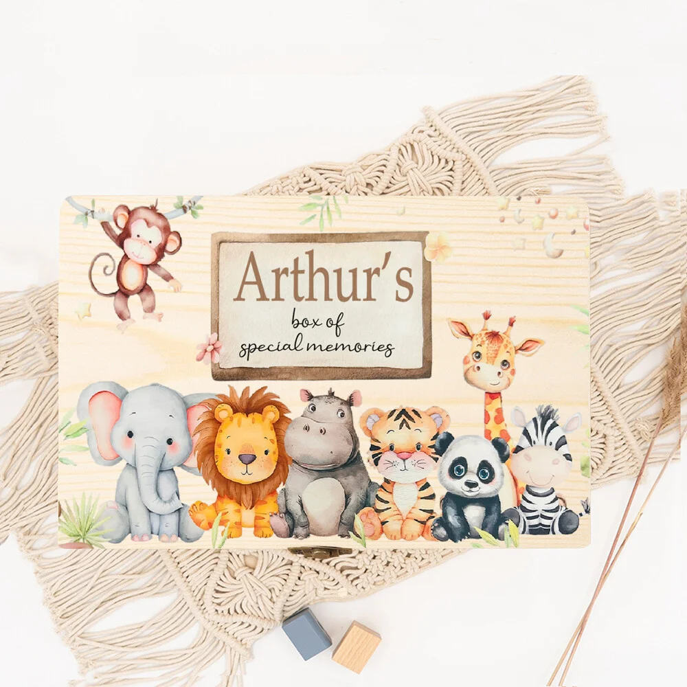 Caja de recuerdos de madera personalizada, caja de memoria con nombre personalizado para chico, caja de madera con patrón de animales bonitos, regalos de cumpleaños y vacaciones para niño - imagen 4