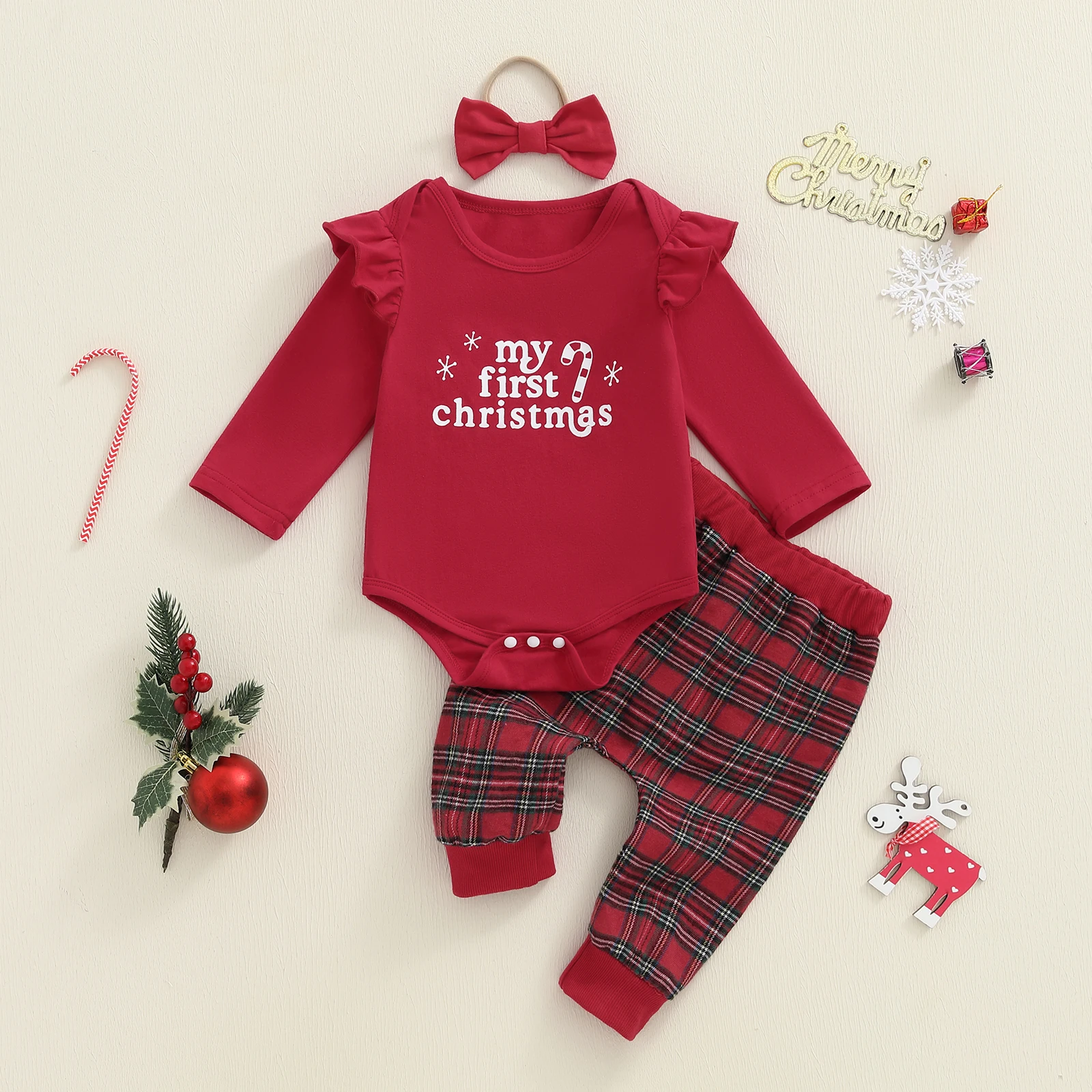 Conjuntos de ropa para niña de manga larga con estampado de letras navideñas, mameluco con pantalones a cuadros y diadema, trajes de 3 piezas