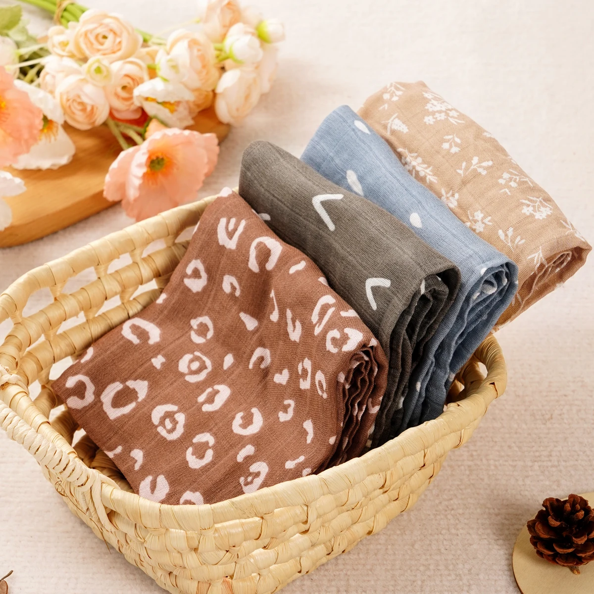 HappyFlute 60x60cm Manta de muselina de algodón de bambú suave con estampado completo Manta para bebé recién nacido Toallita para eructar - Juego de 5 - imagen 4