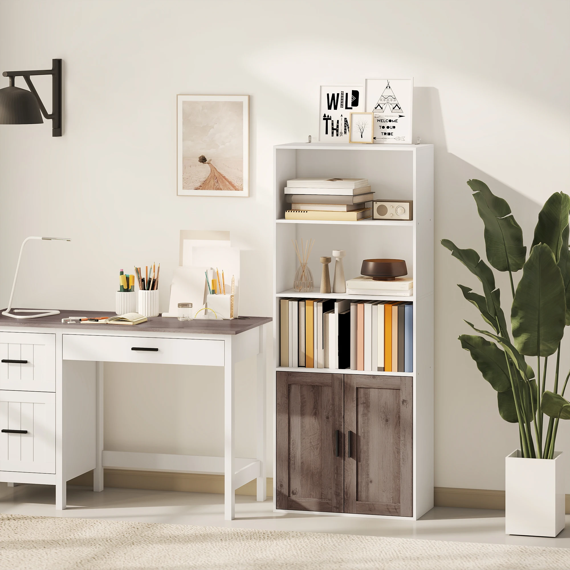 HOMCOM Estantería para Libros Estrecha, Librería con Puertas, Estantes Abiertos y Armario con Balda Ajustable, para Salón, Estudio, Oficina, 60x30x149,5 cm, Blanco y Marrón