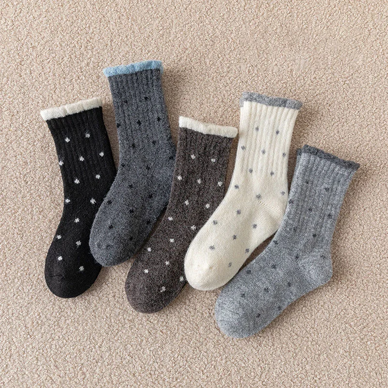 3 pares por lote de calcetines de invierno para niños 2-12T lindos puntos niñas calcetines gruesos hasta la rodilla calcetines de tubo cálidos acolchados de piel para niños - imagen 2