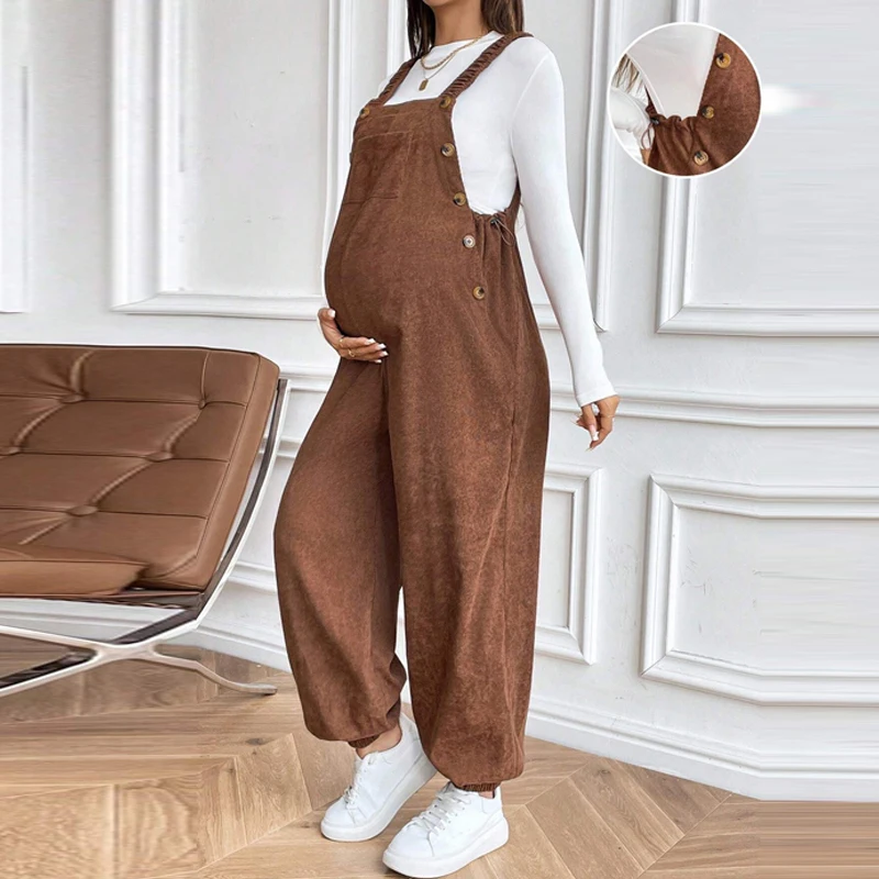 Pantalones para mujeres embarazadas con cintura ajustable 2025, ropa de maternidad de otoño e invierno, monos de pana holgados y informales a la moda - imagen 2