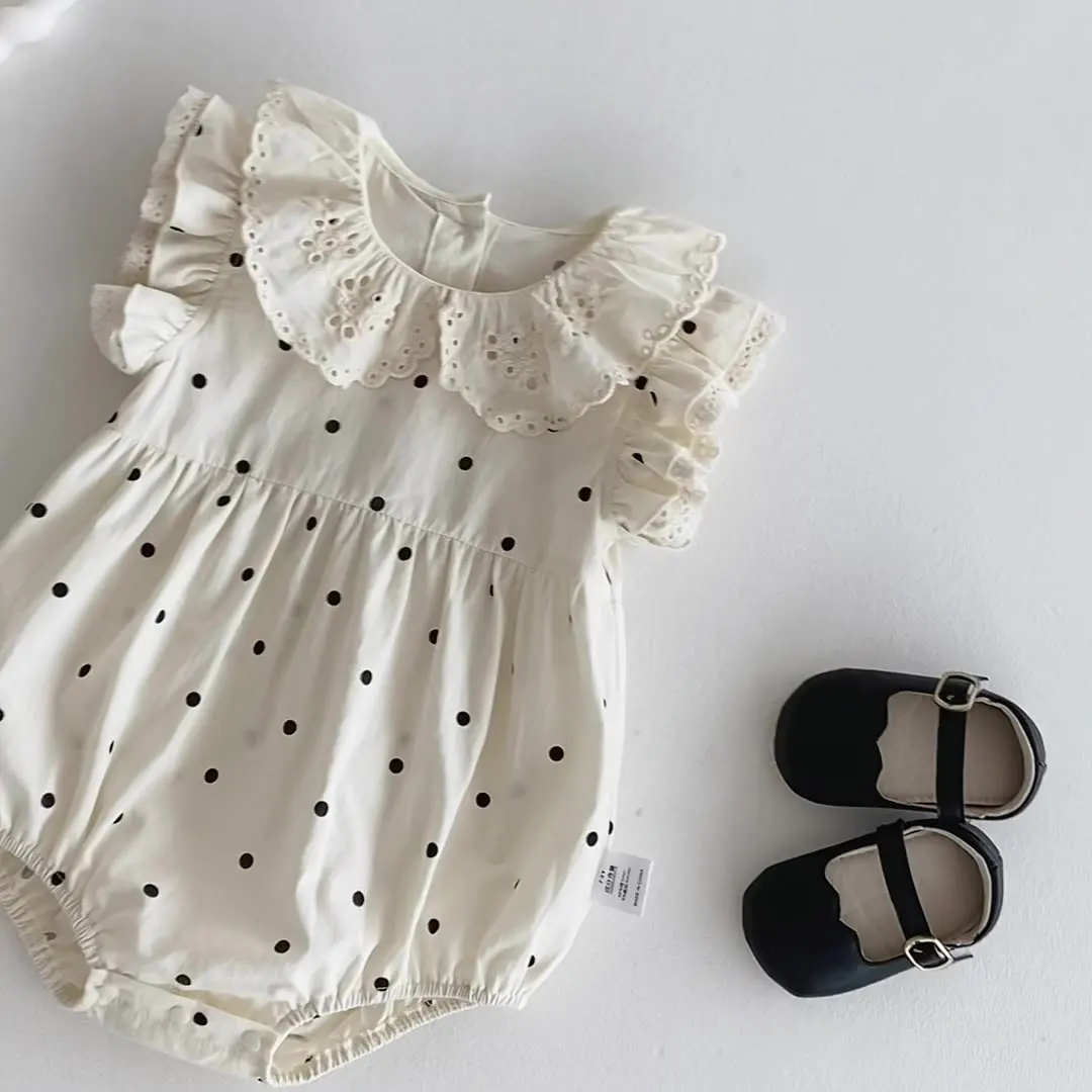 Ropa de verano para niñas de 0 a 2 años, monos de lunares con cuello de encaje, traje de una pieza con manga acampanada - imagen 2