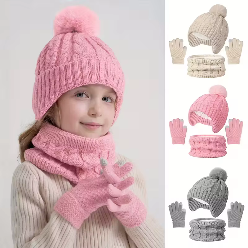 Set de gorro con pompón, bufanda y guantes de terciopelo para niño - imagen 4