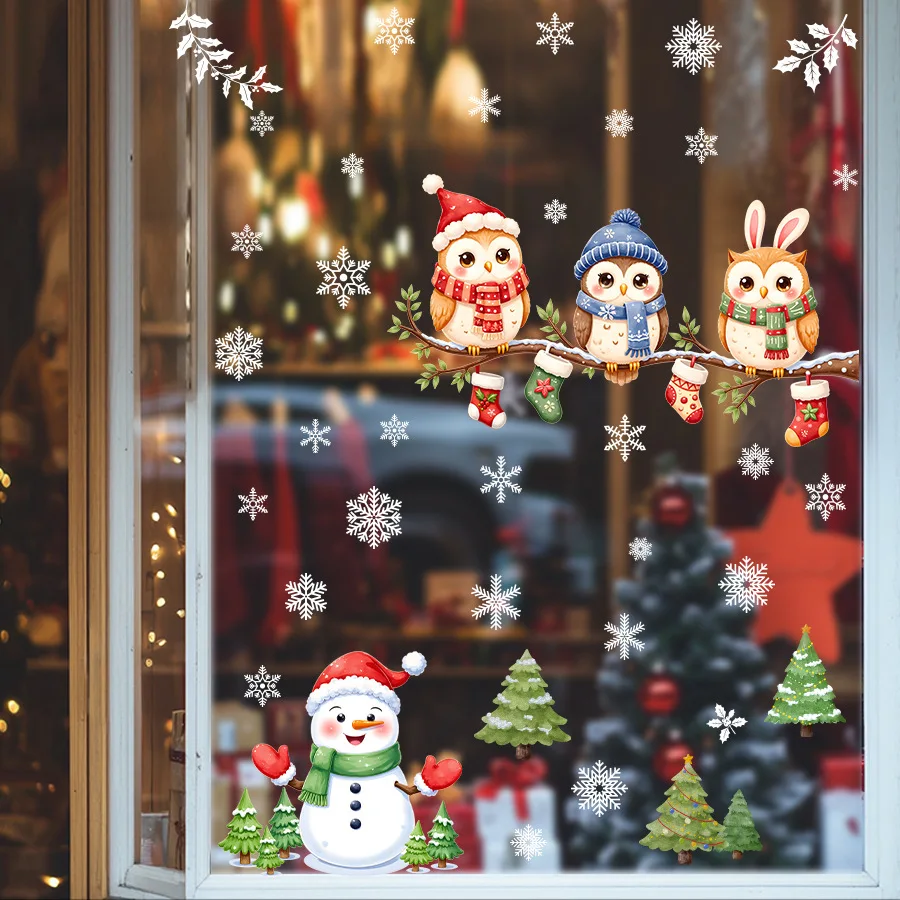 Pegatina de ventana de Navidad, pegatina de ventana electrostática autoadhesiva de búho de muñeco de nieve, decoración de fiesta, pegatina de ventana de vidrio