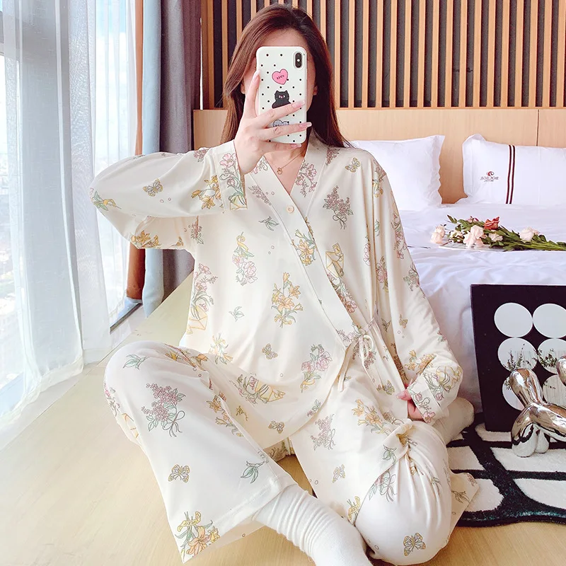 Ropa de dormir para mujer embarazada, conjuntos de pijamas de lactancia, ropa de maternidad a la moda, Tops de lactancia de algodón con encaje + conjunto de pantalones - imagen 2