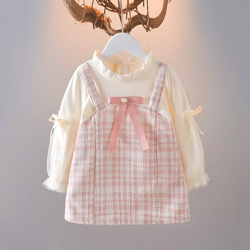 Ropa de primavera y otoño para niña pequeña, vestido de princesa a cuadros de encaje de manga larga con lazo lindo coreano, vestidos de cumpleaños, ropa de bebé BC623 - imagen 4