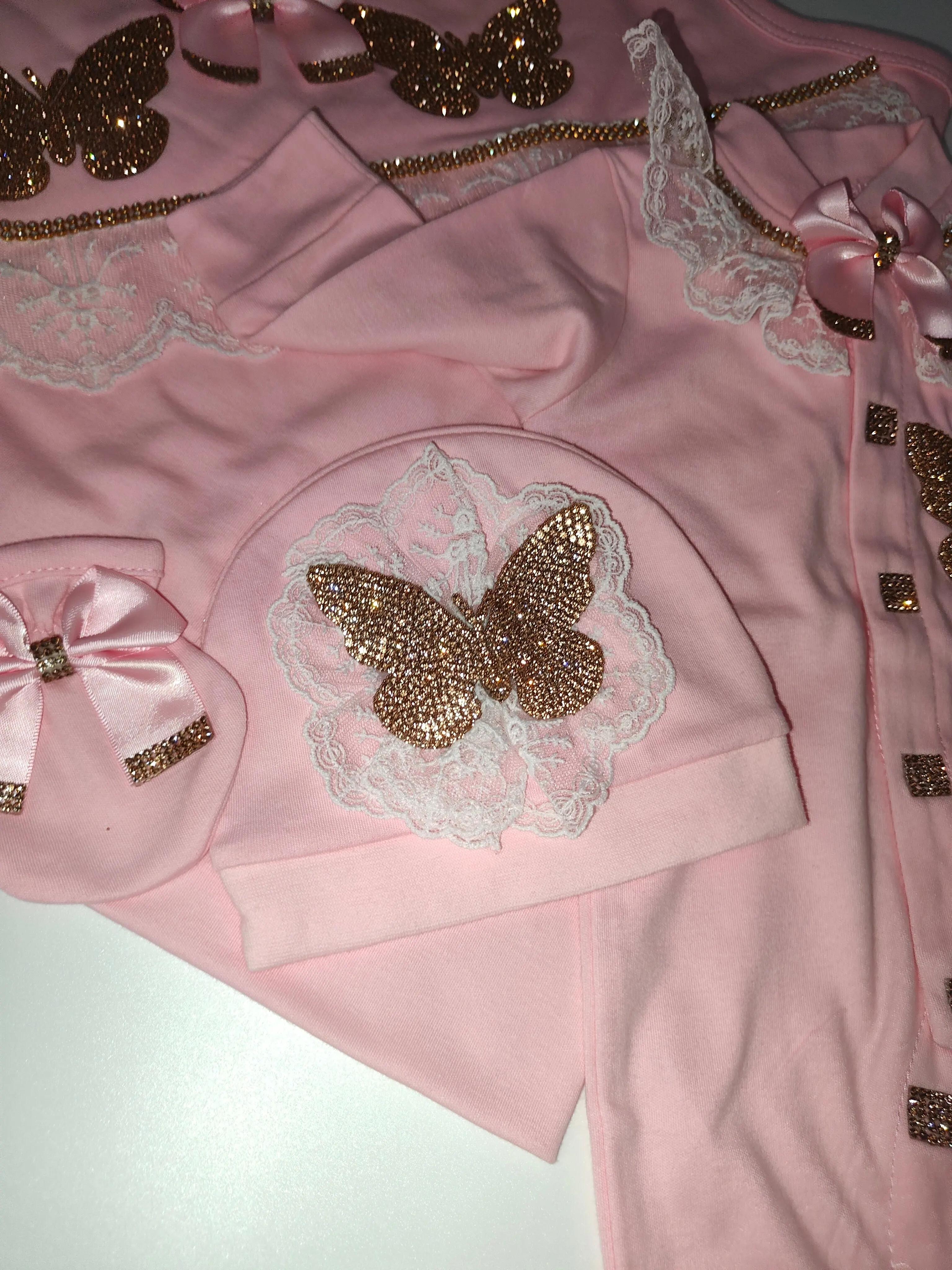 Dollbling-Conjunto de 4 piezas de mariposa dorada y rosa para bebé de 0 a 3 meses, conjunto de manta, pijama, canastilla para espectáculo de fotos, regalo de vacaciones - imagen 3
