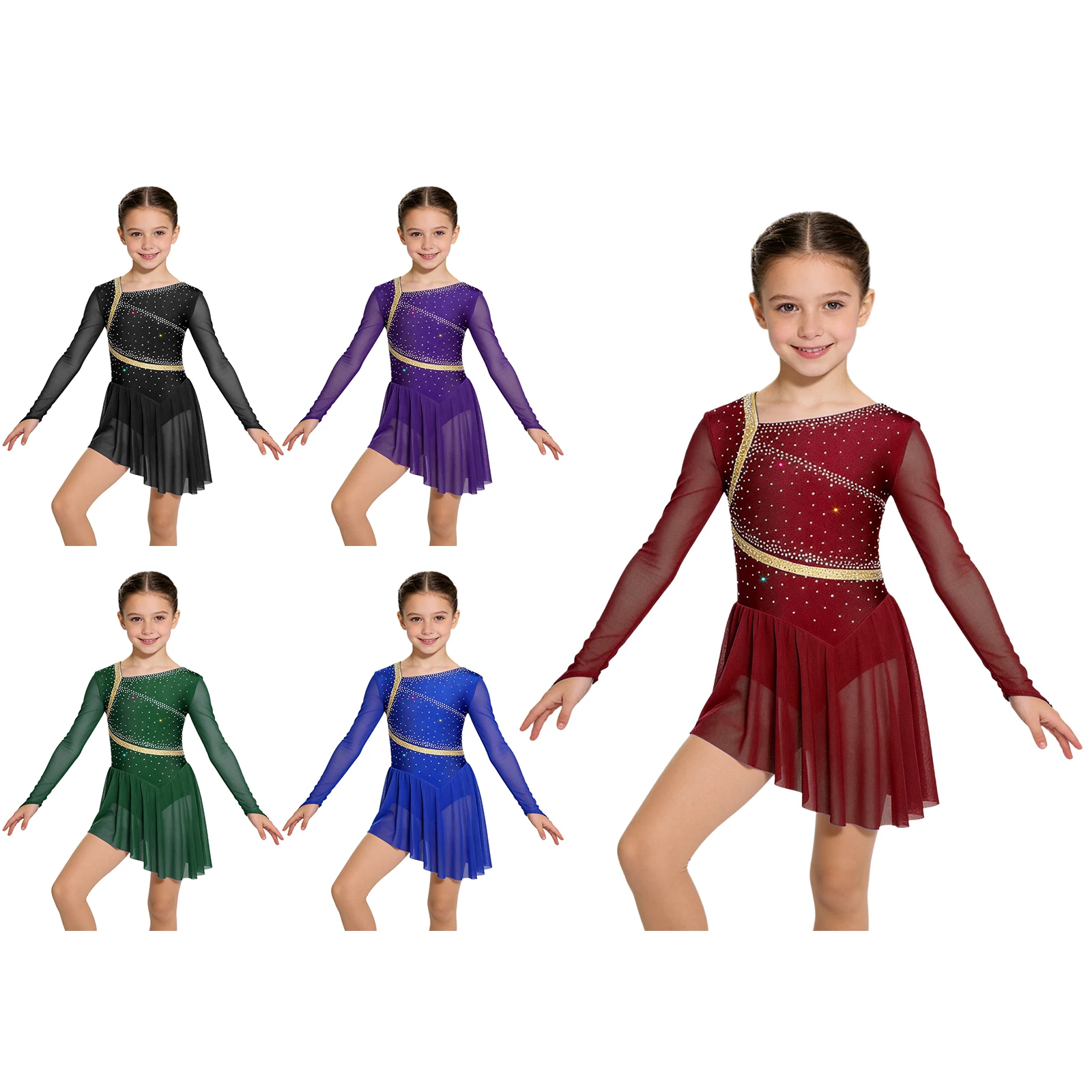 Vestido de ballet con pedrería brillante y tul de malla para niñas - imagen 4