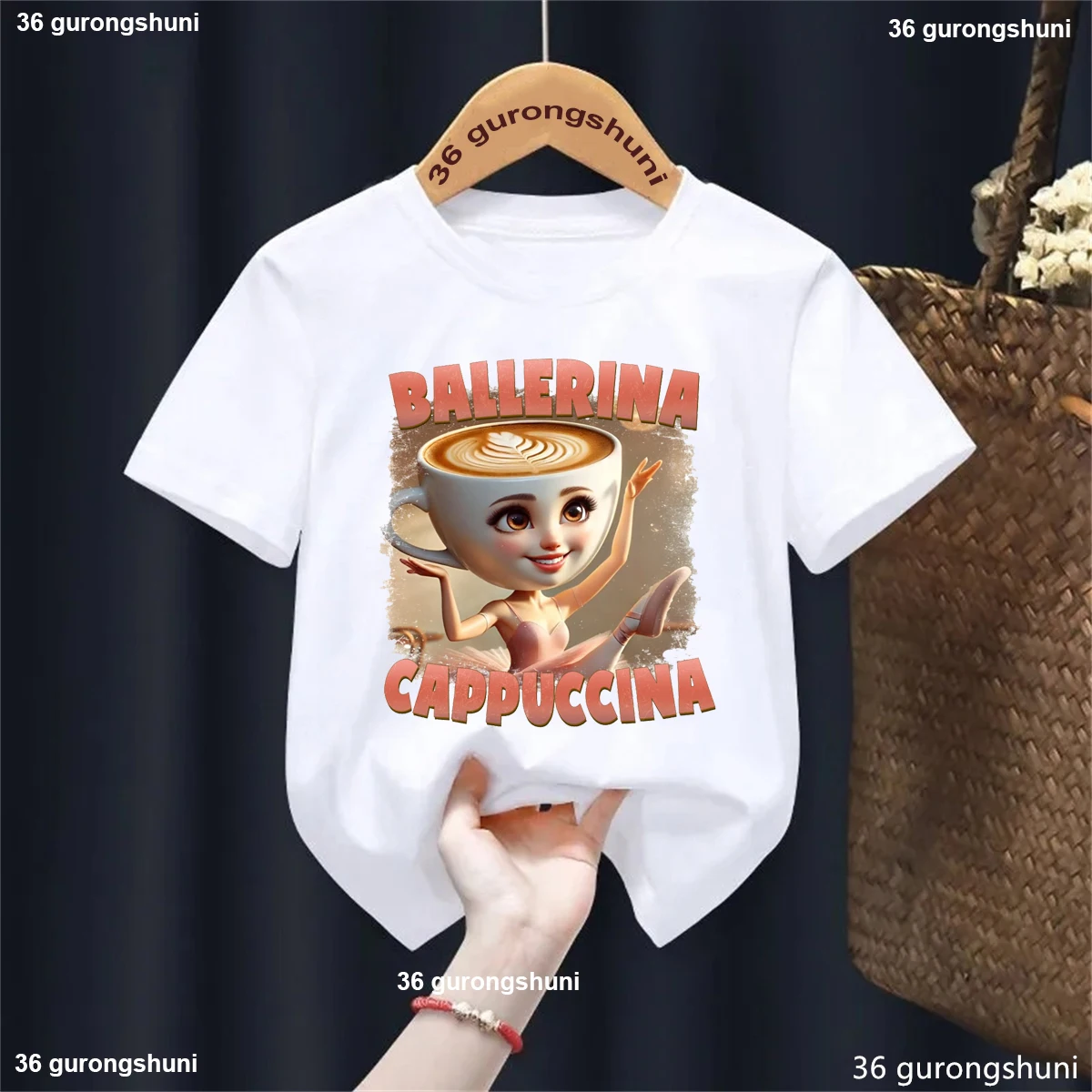 Camiseta con estampado con dibujo de capuchino de bailarina para niñas, ropa divertida para niños, camiseta blanca/negra/rosa/roja de manga corta a la moda de verano - imagen 3