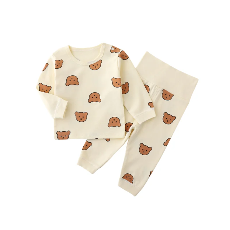 2025 nuevo algodón suave de cintura alta estampado de oso de dibujos animados pijamas para bebé recién nacido traje 2 uds niños niñas conjunto para dormir en casa trajes